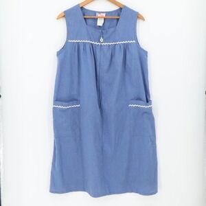 Vintage Spring Time Blue‎ Chambray House Dress Floral Zip Front Lounge Size XL
